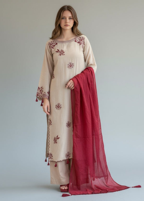 Beige embroidered linen long kurta with chiffon dupatta – winter daily wear