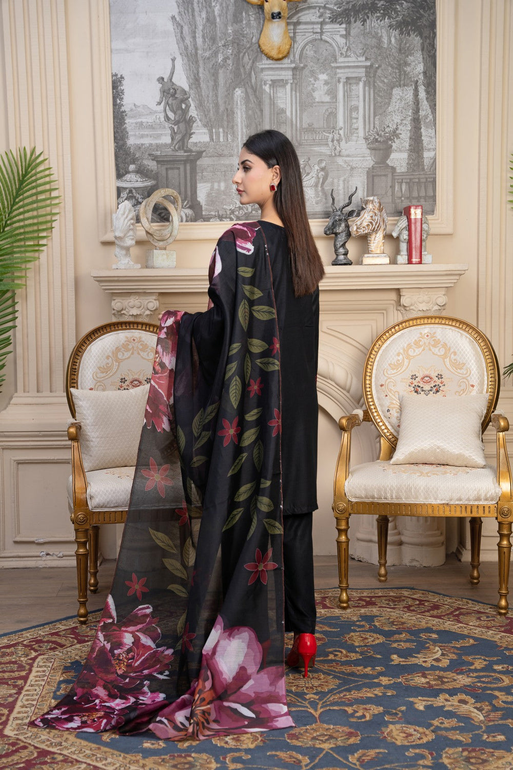 Elegant black maroon linen suit full set with Manaar dupatta back view ready to wear