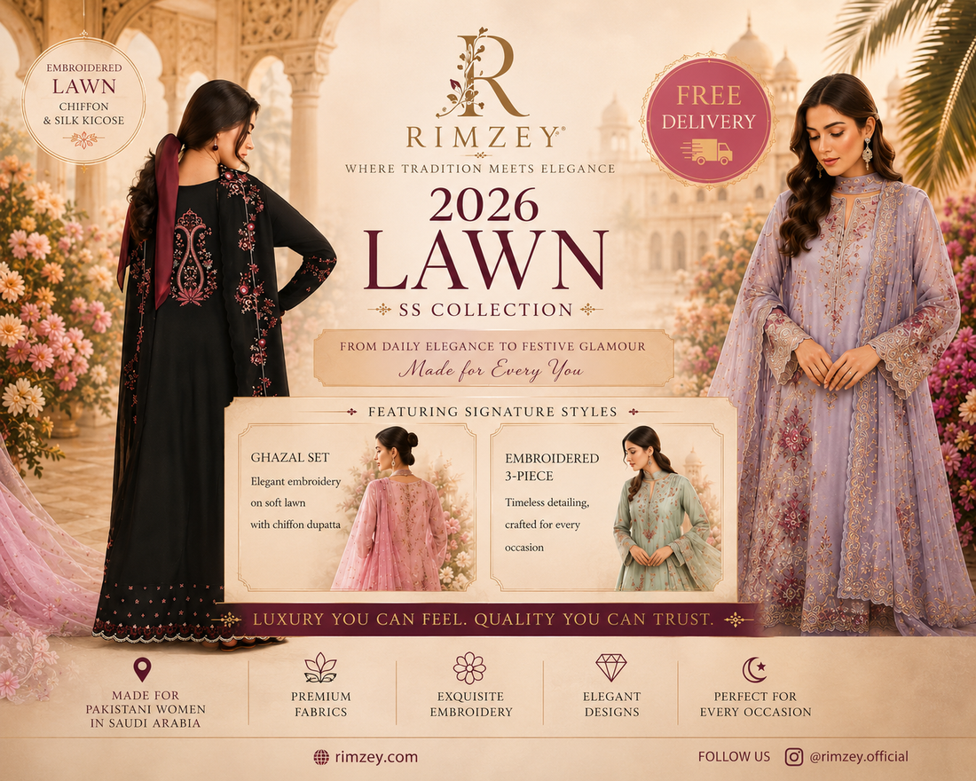 Rimzey 2026 Lawn Collection – Premium Pakistani Embroidered Lawn Dresses for Women in Saudi Arabia with Chiffon Dupattas and Elegant Summer Fashion