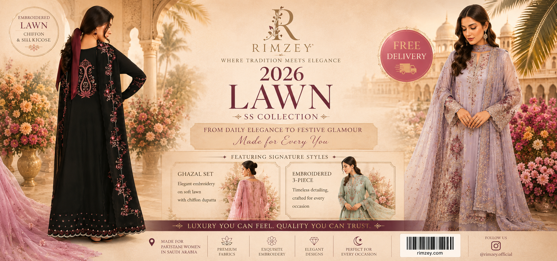 Rimzey 2026 Lawn Collection – Premium Pakistani Embroidered Lawn Dresses for Women in Saudi Arabia with Chiffon Dupattas and Elegant Summer Fashion