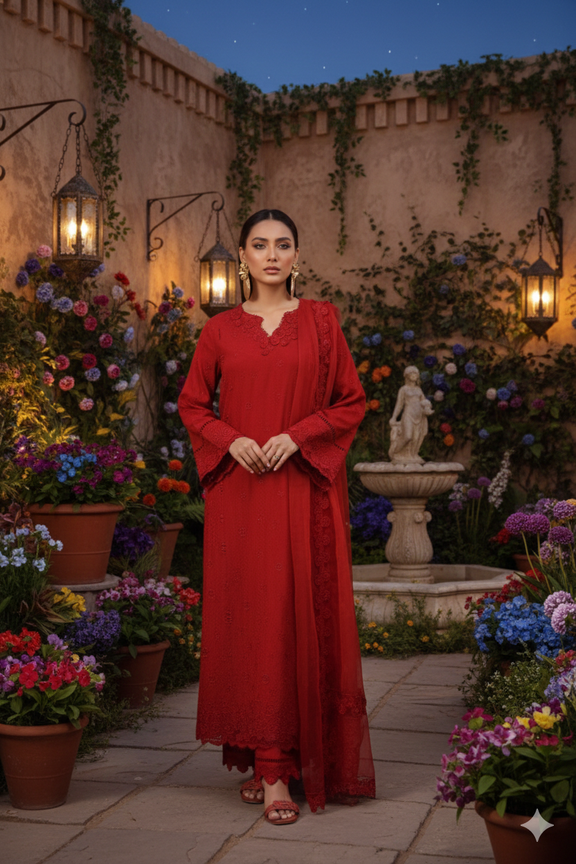 Red Embroidered Winter Linen 3PC Suit