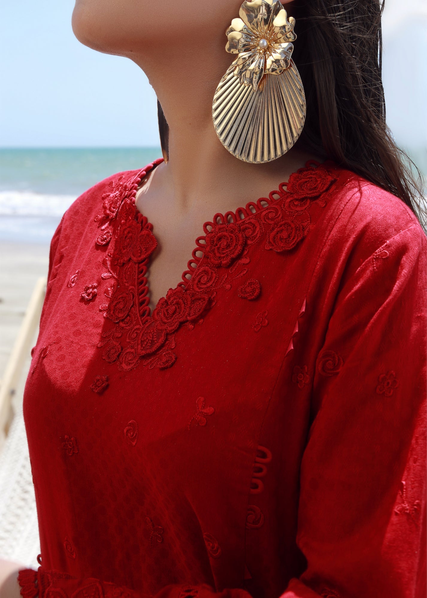 Red Embroidered Winter Linen 3PC Suit
