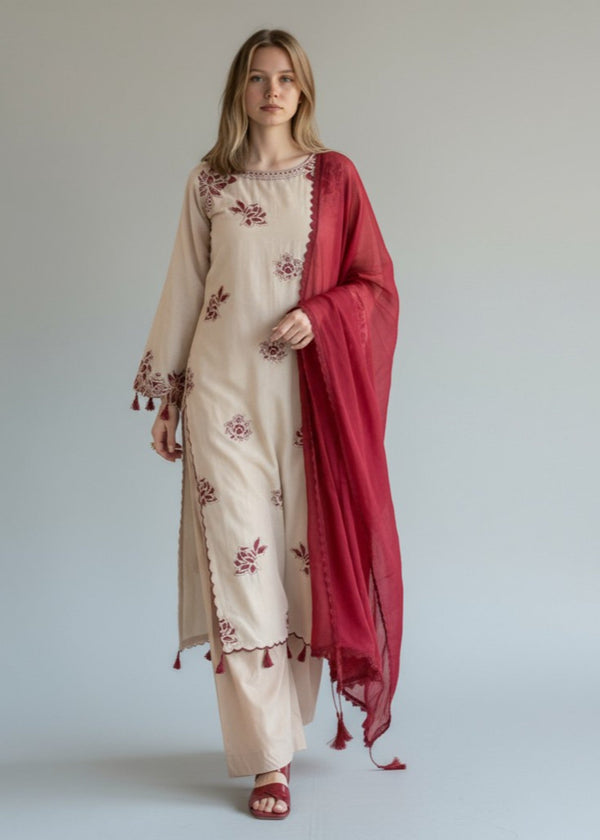 Three piece beige linen kurta set with embroidered details and matching trouser