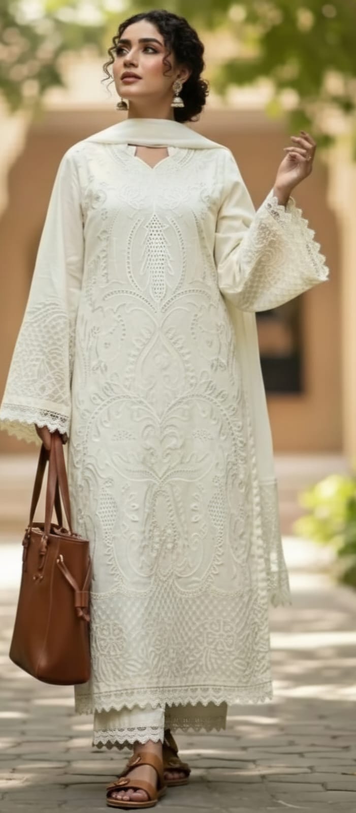 Woman wearing a white embroidered outfit with a brown bag outdoors.