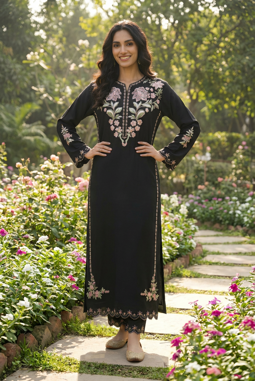 Woman wearing a black outfit with floral embroidery on a beige background