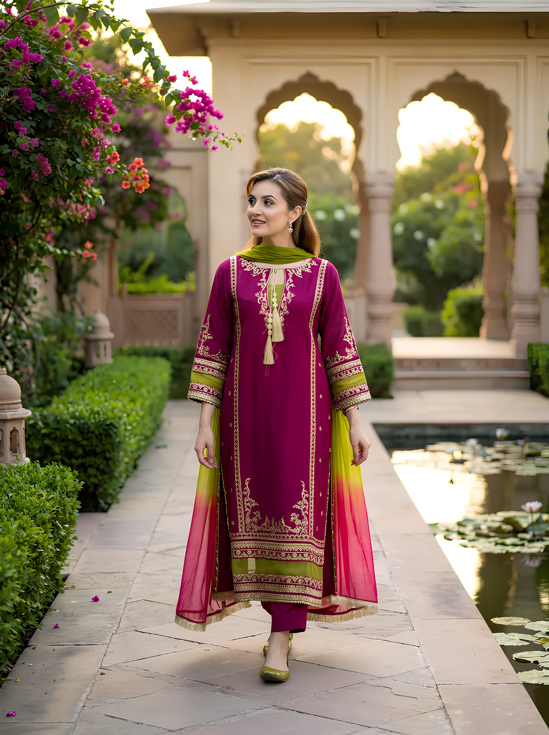 Person wearing a vibrant pink traditional outfit with intricate gold embroidery, holding red bangles.