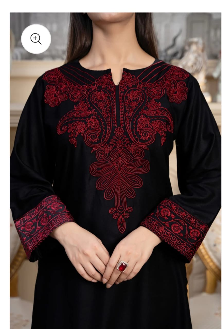 Detailed embroidery on linen kurta sleeve design winter 3 piece suit close-up