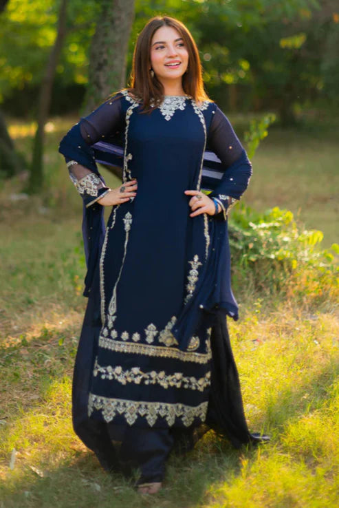 Women blue chiffon sharara suit with grip bottom and chiffon dupatta
