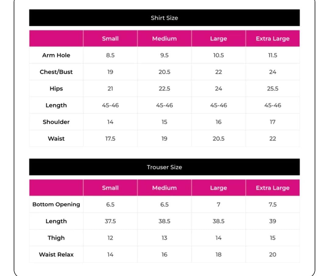 Size chart for shirts and trousers with measurements in centimeters.