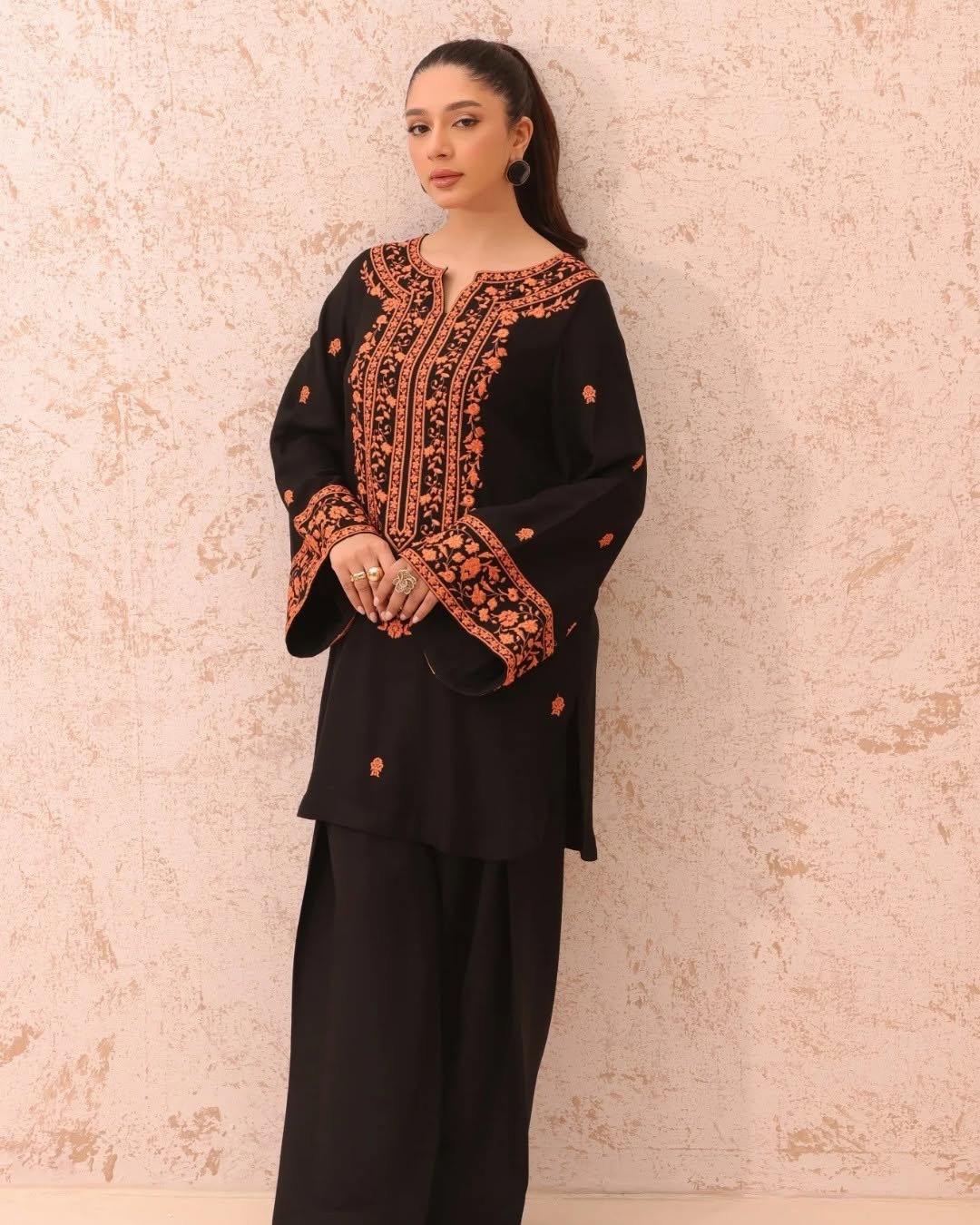 Elegant black embroidered kurta with plazzo pants winter basic wear outfit
