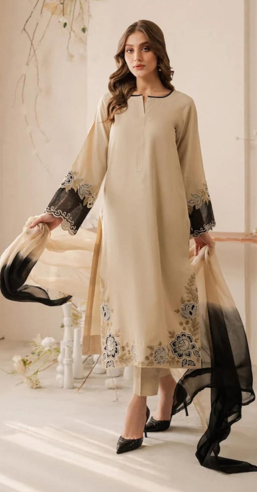 Stylish beige Pakistani cotton suit with matching dupatta