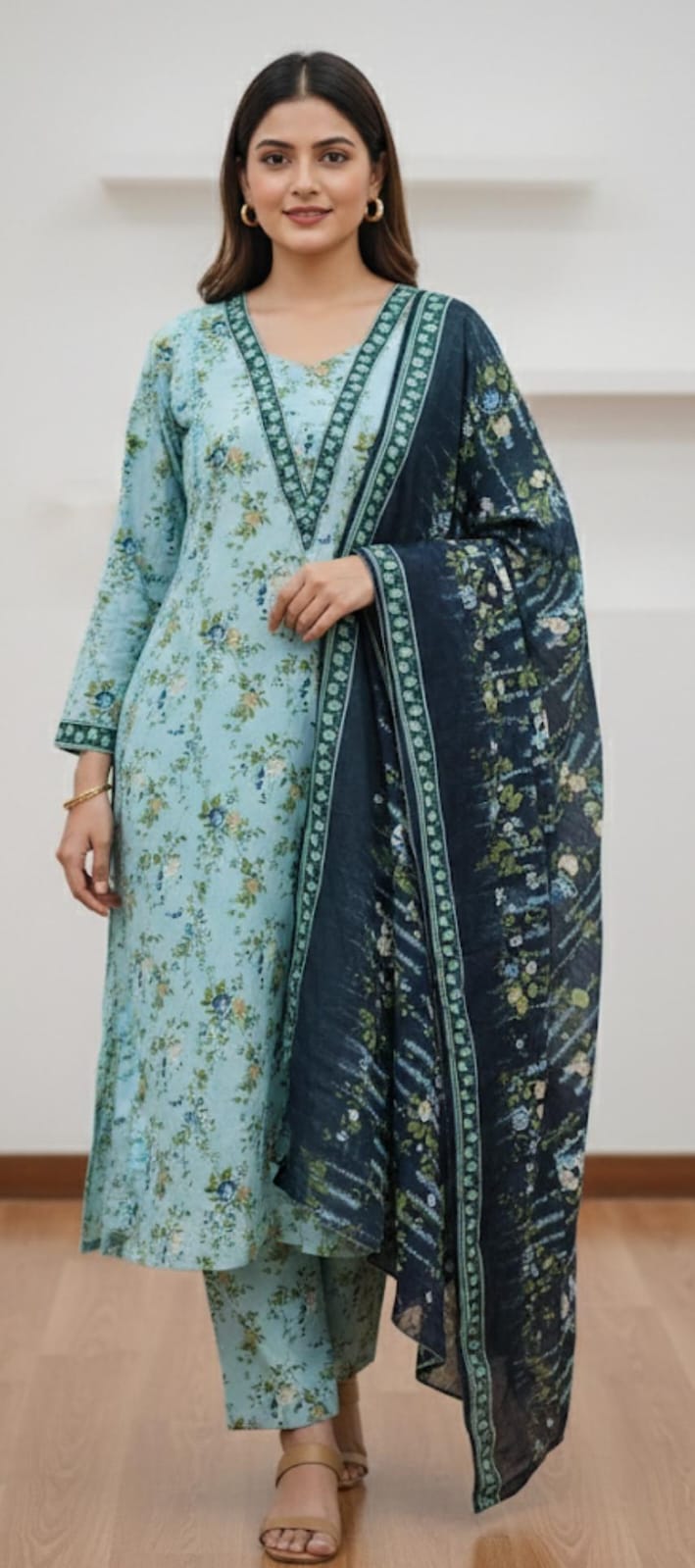Woman wearing a light blue floral kurta with a dark blue dupatta against a white background