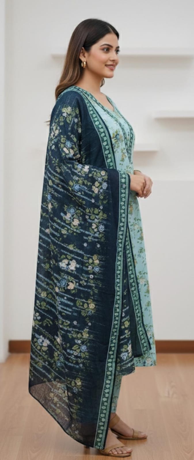 Woman wearing a light blue floral kurta with a dark blue dupatta against a white background