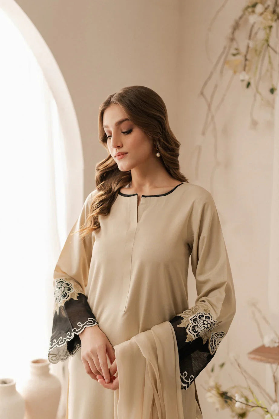 Beige floral embroidered cotton kurta set for women