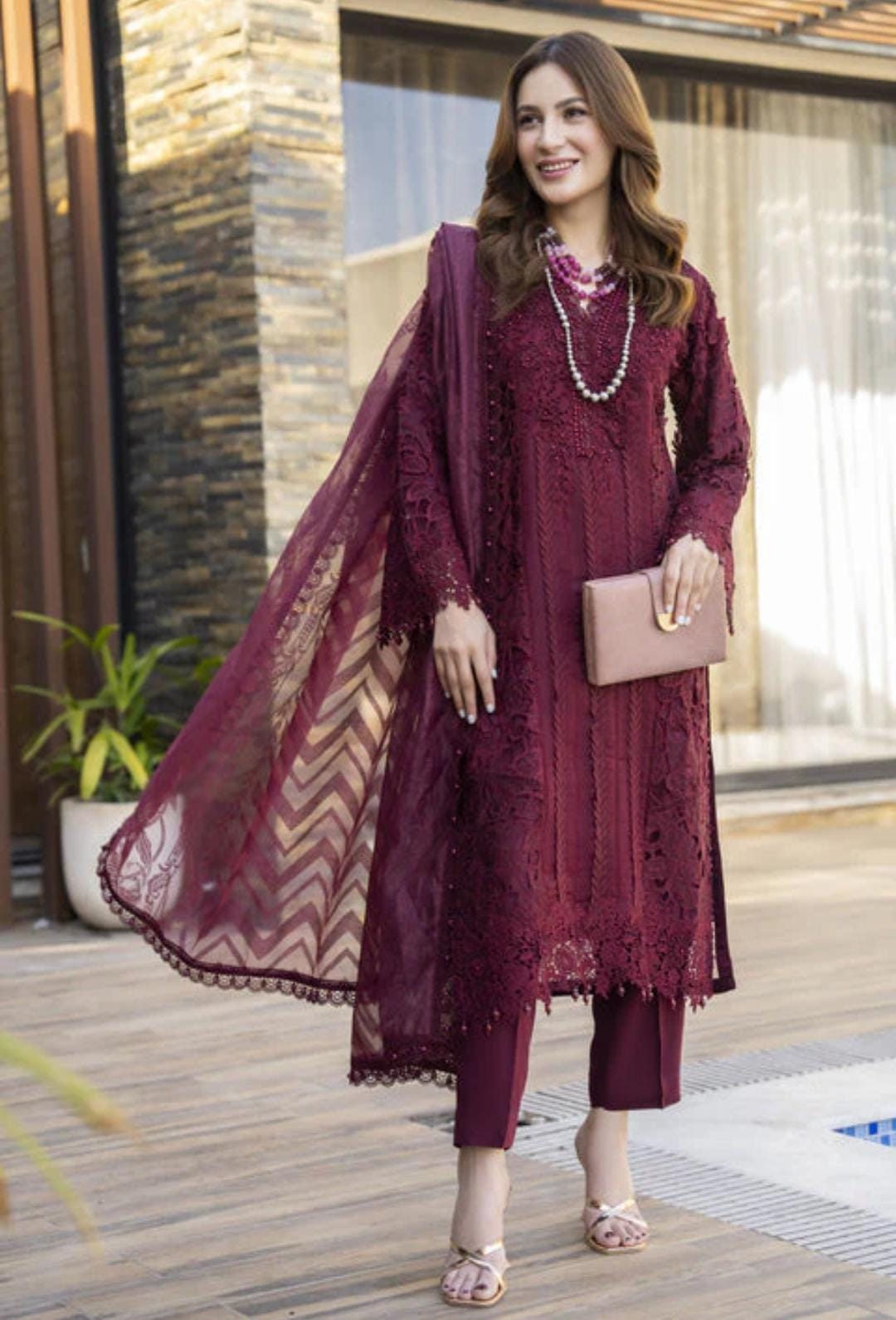 Maroon Cutwork Organza Shirt with Monar Dupatta
