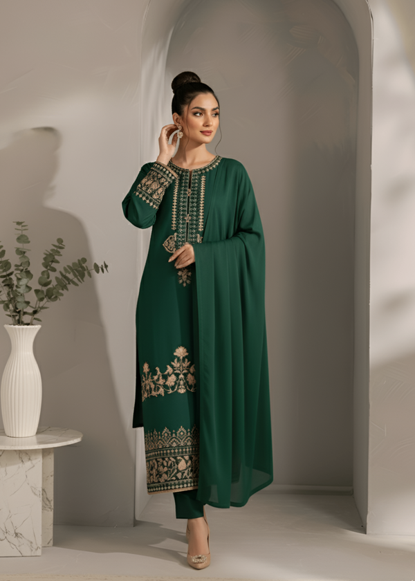 Teal Embroidered Linen 3-Piece Kurta Set with Chiffon Dupatta – Winter Wear