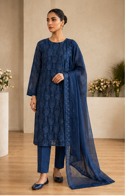 Woman wearing a blue embroidered outfit with a matching dupatta in an indoor setting.