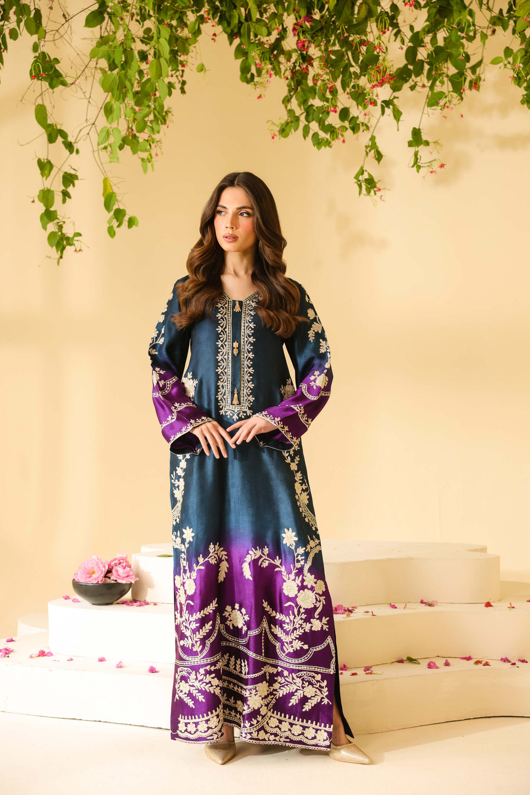 Long deep purple kurta with digital print silk grip fabric
