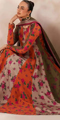 Woman wearing a traditional outfit with floral patterns in orange, pink, and beige.