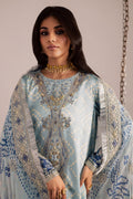 Aqua blue embroidered lawn 3-piece Pakistani ladies dress with printed dupatta