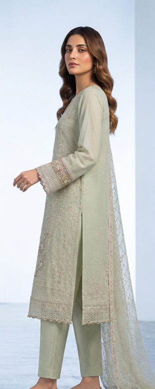 Woman wearing a light green traditional outfit with a matching dupatta on a white background