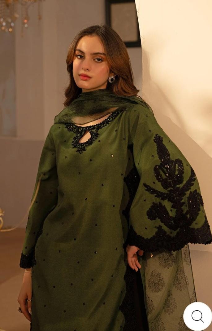 Woman wearing a green traditional outfit with black embroidery indoors.
