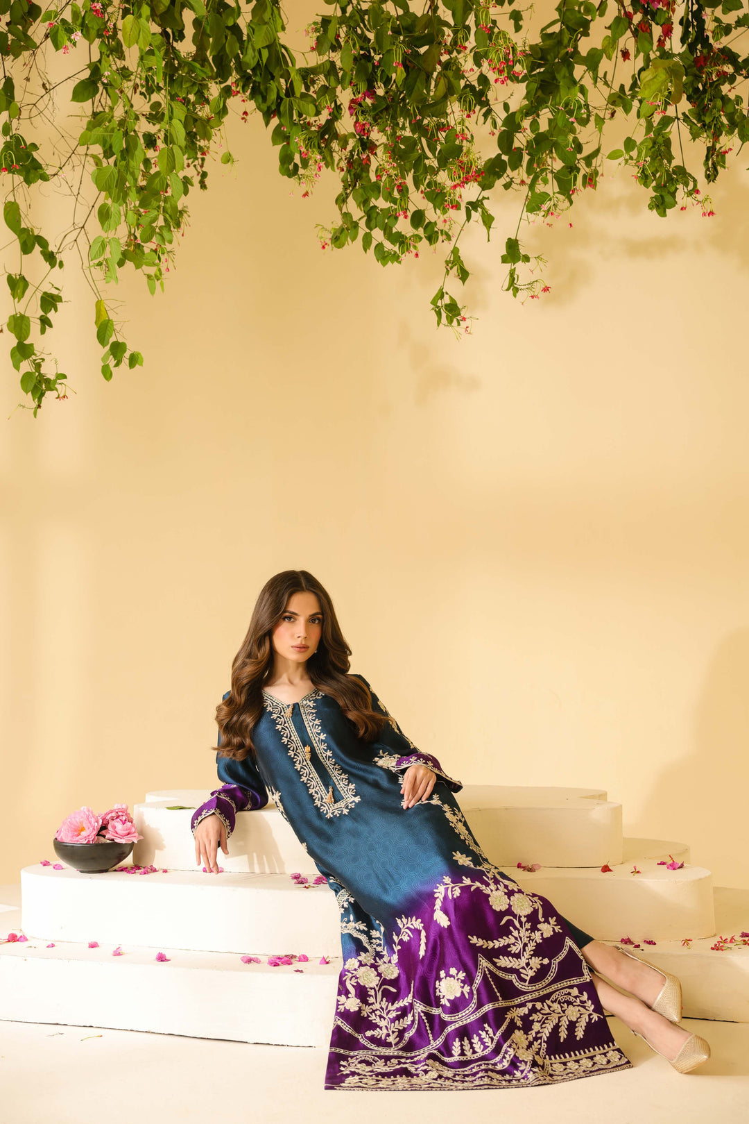 Party wear deep purple long kurta with lining and straight pants