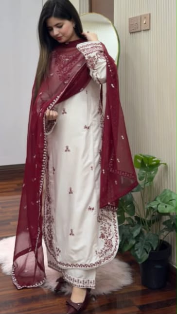 Crimson embroidered 3-piece suit - Pakistani party wear dress Saudi Arabia