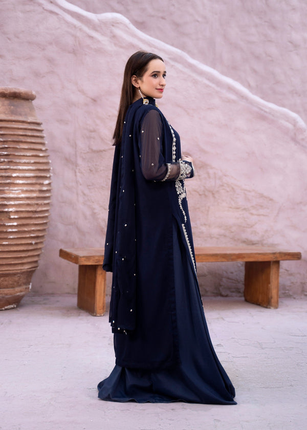 Luxury eastern blue chiffon outfit with embroidered long shirt and dupatta
