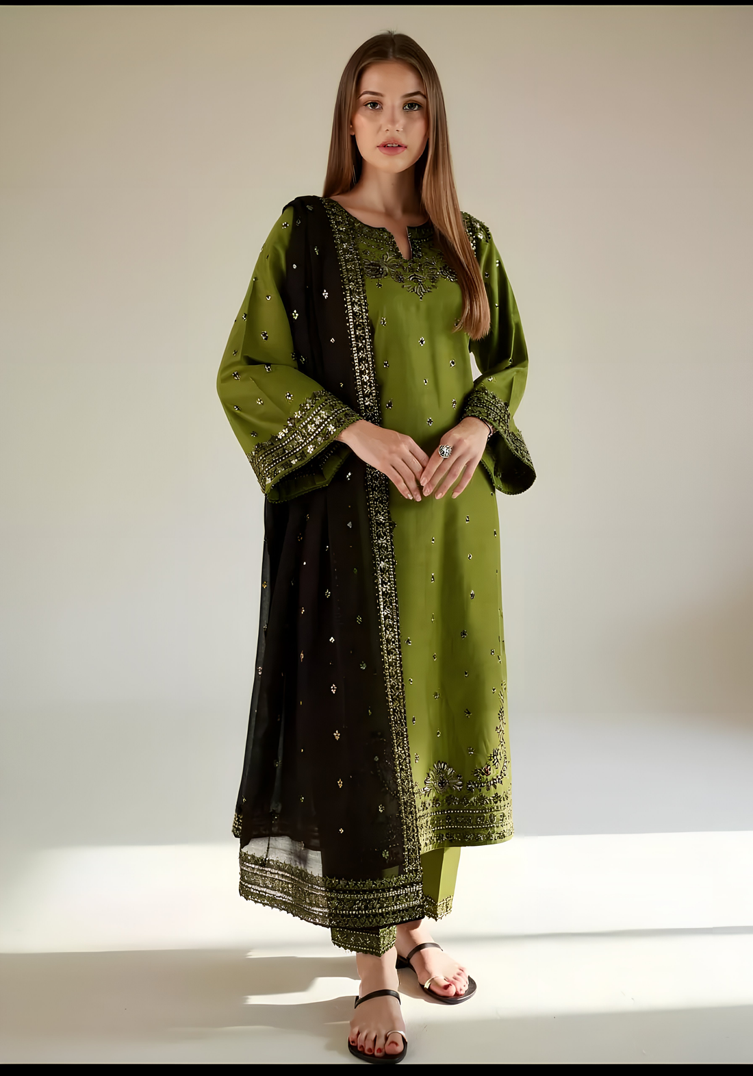 Woman wearing a green and black embroidered traditional outfit indoors.