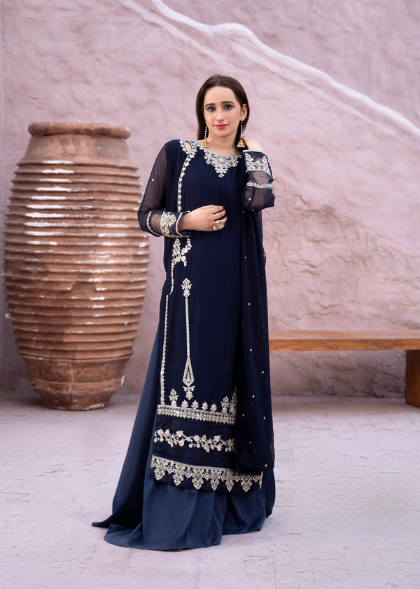 Elegant blue embroidered chiffon suit with sharara or trouser option