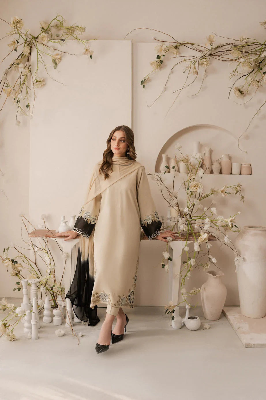 Beige floral embroidered cotton kurta set for women