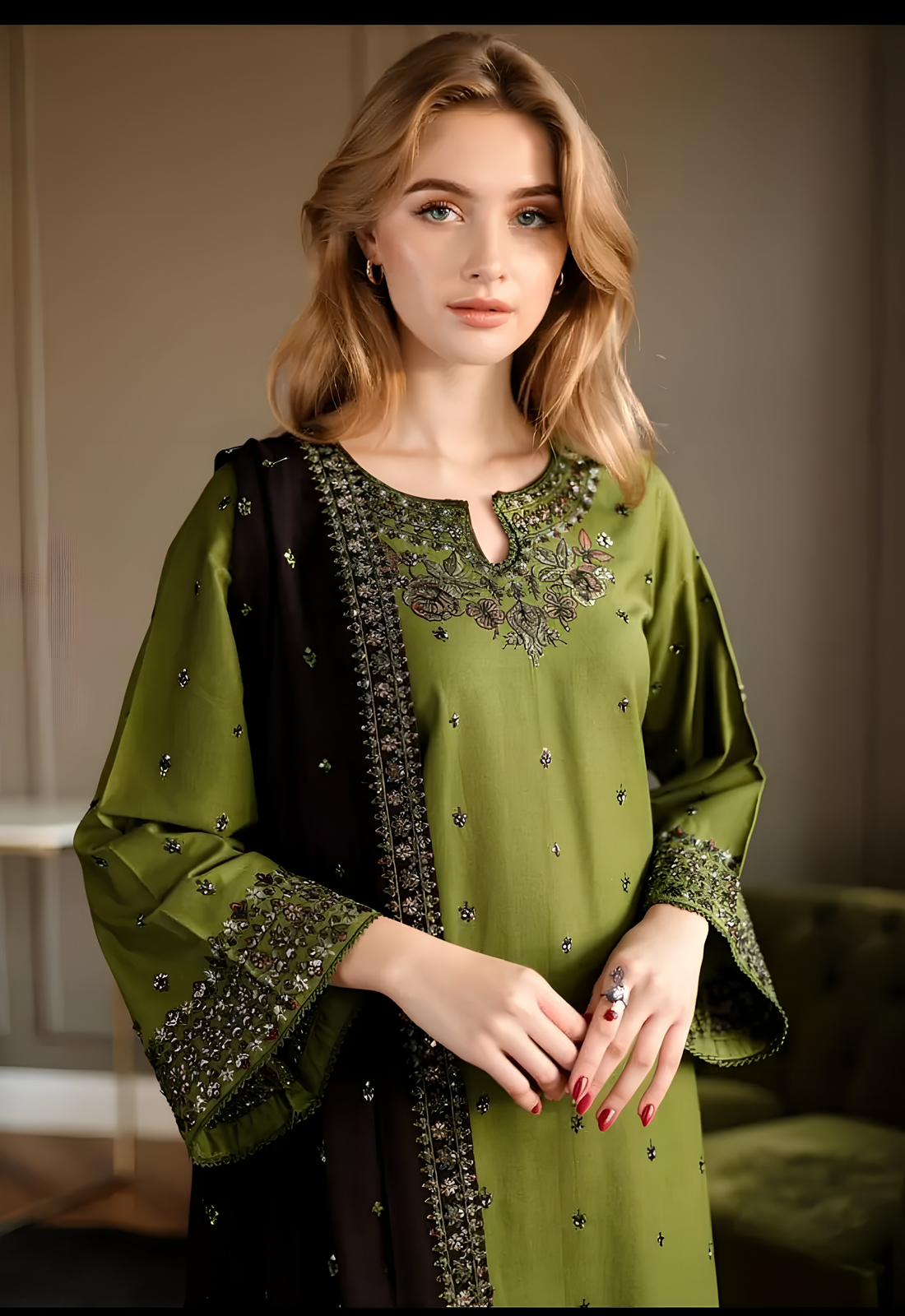 Woman wearing a green and black embroidered traditional outfit indoors.