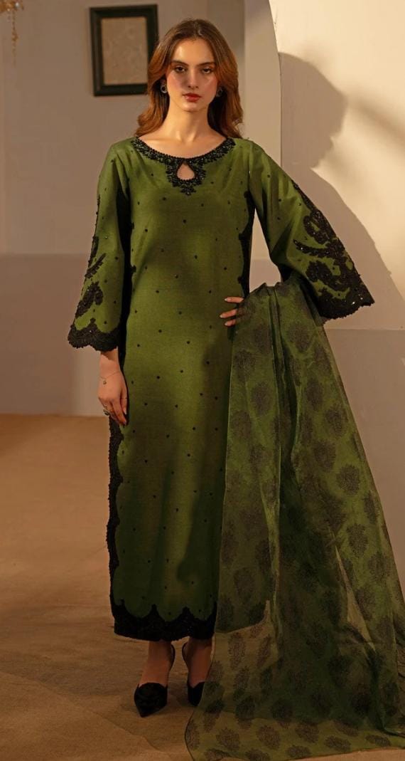 Woman wearing a green traditional outfit with black patterns in a neutral setting