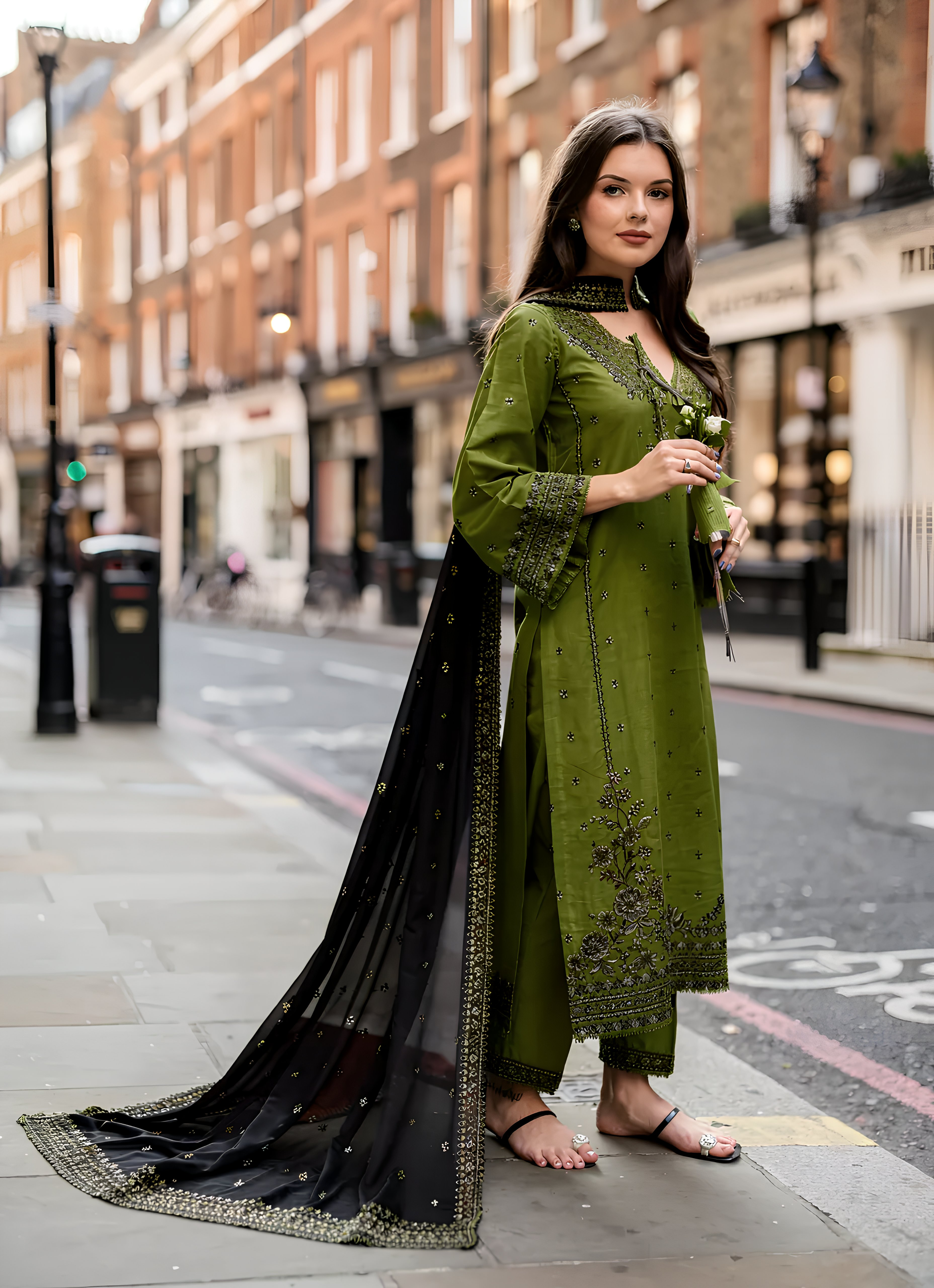 Woman in a green traditional outfit with a black dupatta on a city street.