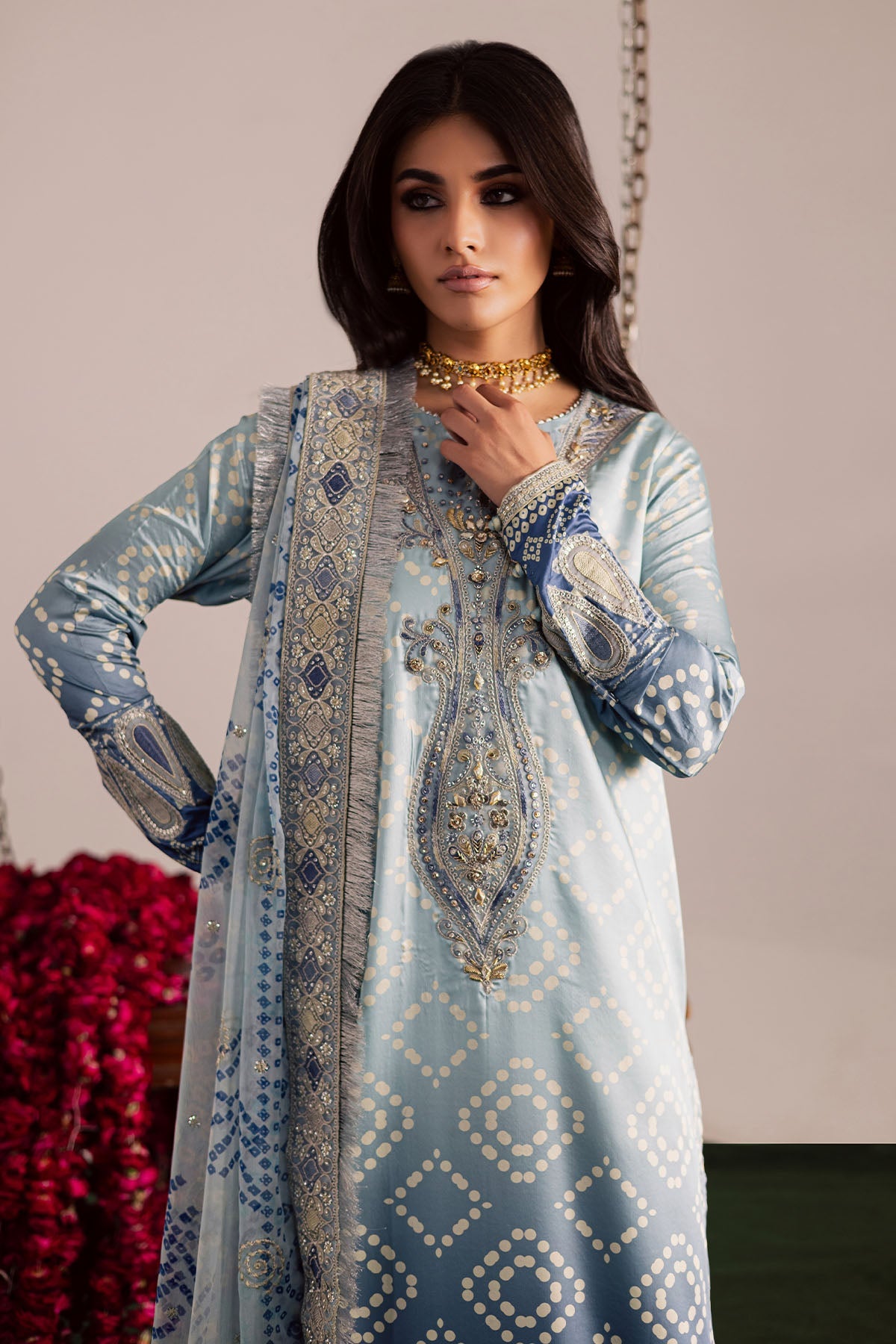 Elegant aqua blue 3-piece lawn suit for women with traditional embroidered detailing