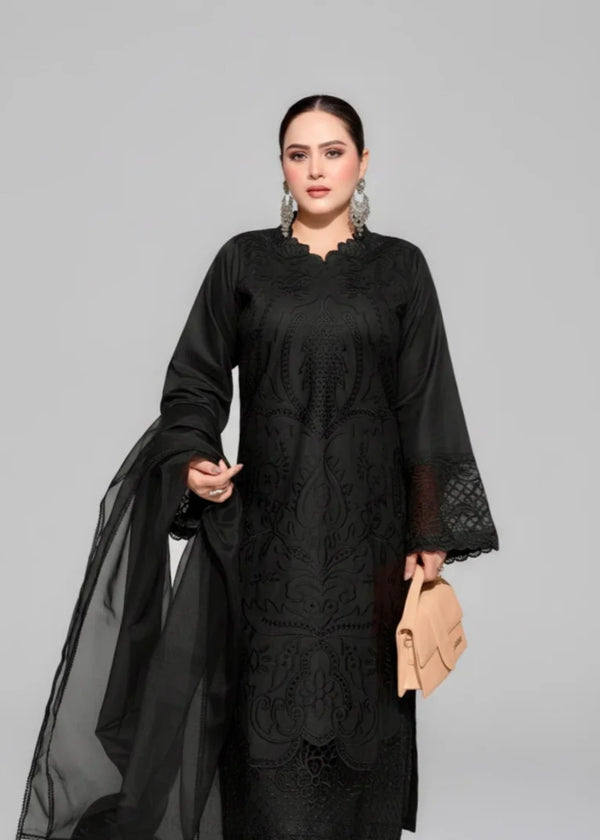 (Black) Embroidered 3 Piece winter Cotton