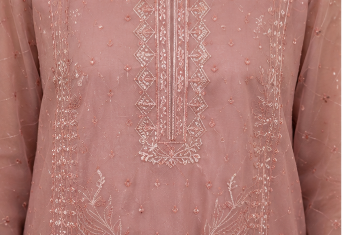 Pink embroidered garment with intricate patterns