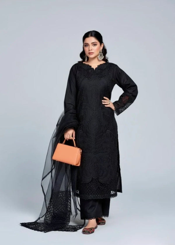 Black embroidered 3-piece winter cotton suit - back view