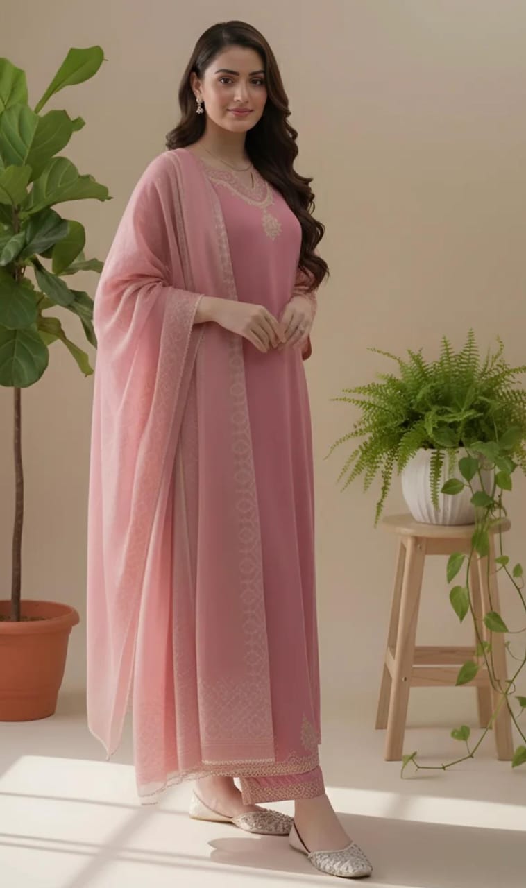 Woman in a pink traditional outfit standing in a room with plants.