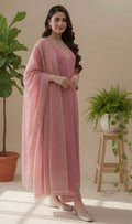 Woman in a pink traditional outfit standing in a room with plants.