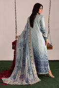 Pakistani lawn dress in powder blue with detailed embroidery and printed dupatta