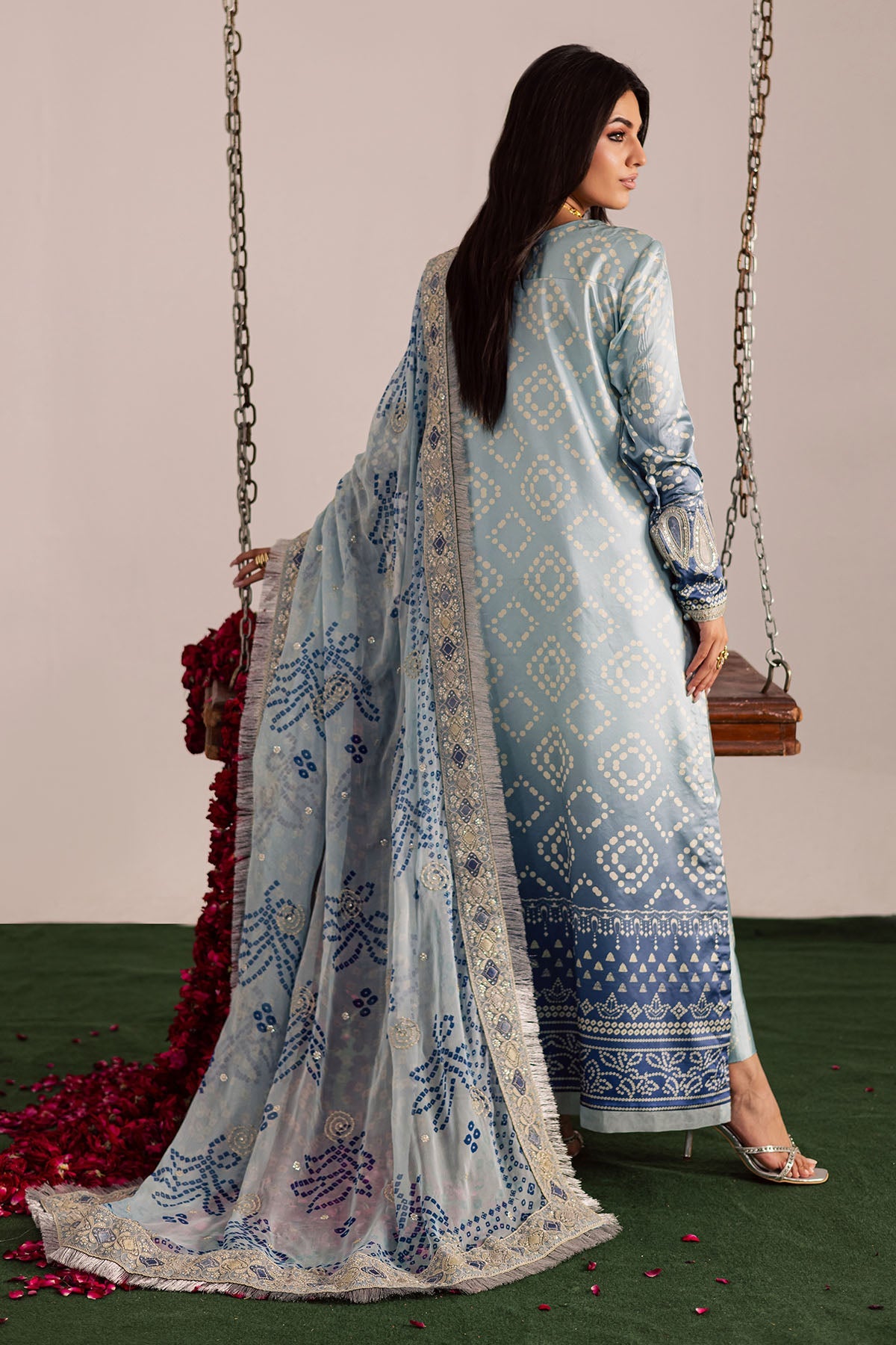 Pakistani lawn dress in powder blue with detailed embroidery and printed dupatta