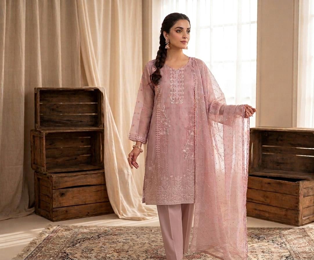 Woman in a pink traditional outfit standing in a room with wooden crates and curtains.