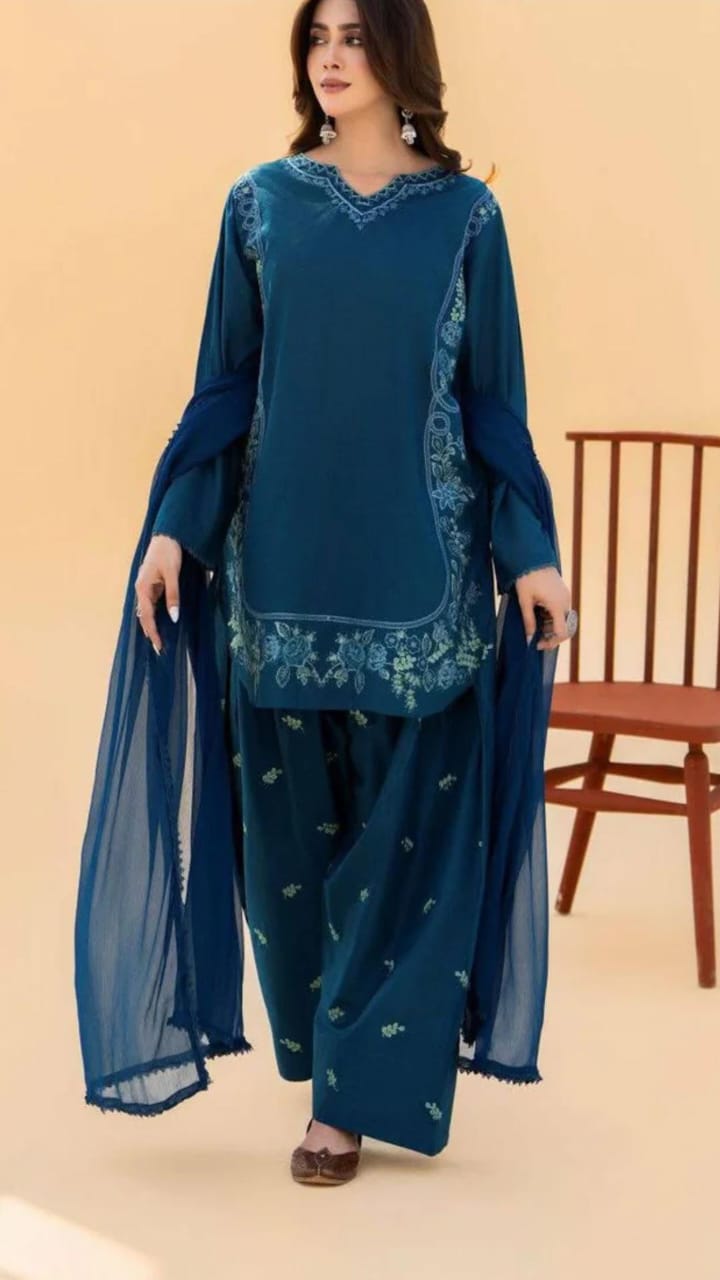 Woman wearing a blue embroidered outfit with a sheer dupatta on a beige background
