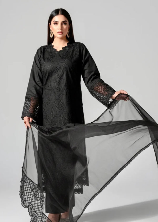 Black embroidered 3-piece winter cotton suit - Pakistani dress Saudi Arabia