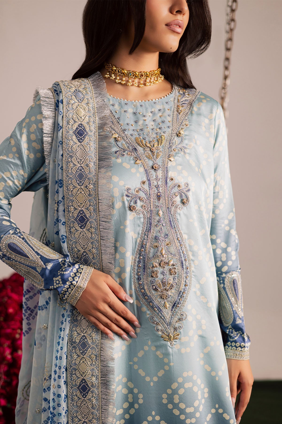 Rimzey aqua blue Pakistani lawn 3-piece dress with embroidered shirt, trouser and dupatta