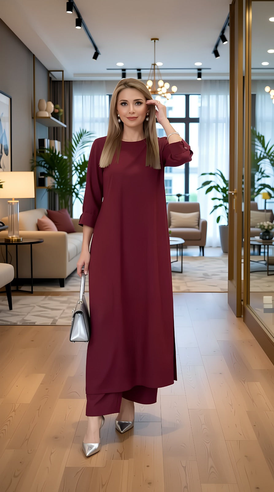 Woman in a burgundy dress standing in a modern living room.