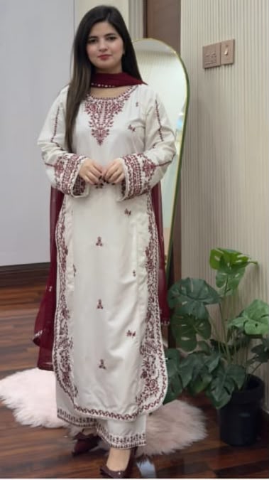 Crimson embroidered 3-piece suit - Pakistani party wear dress Saudi Arabia