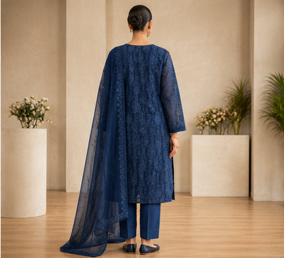 Blue Chiffon 3 Piece Suit with Chiffon Dupatta and Malai Silk Trouser by Rimzey